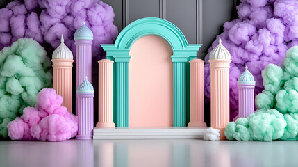 Sticker - A vibrant, whimsical archway scene with pastel pillars and colorful clouds, creating a playful and imaginative backdrop.