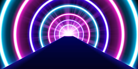 Poster - Glowing neon lines create a vibrant spectrum in an abstract 3D tunnel. Pink and blue colors form a circular portal leading into the unknown. 
