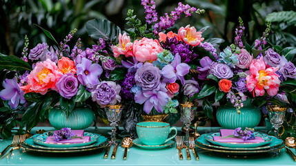 Poster - A vibrant floral arrangement with purple and pink flowers, elegantly displayed on a turquoise table setting, creating a sophisticated and colorful atmosphere.