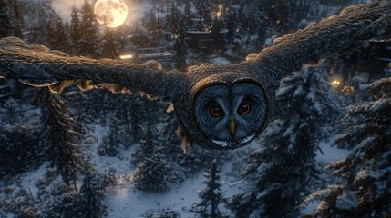 Wall Mural - A majestic owl flying over a snowy landscape illuminated by a full moon.