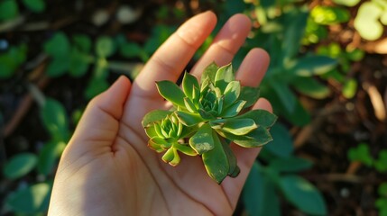 Closeup Hand Holding Small Succulent Plant