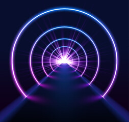 Poster - The fluorescent ultraviolet lights and colorful laser lines form a geometric tunnel. This endless corridor in blue and pink hues leads into a virtual realm of possibilities. 