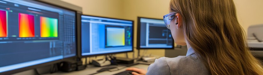 Fototapete - A focused individual working on multiple computer screens in a modern digital workspace, engaged in data analysis and graphic design, showcasing the integration of technology in th