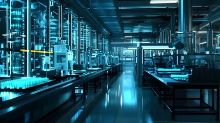 Poster - A modern industrial facility featuring advanced machinery, illuminated with blue lighting