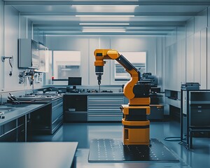 Poster - A modern industrial robot arm positioned in a clean, well-lit workspace, showcasing advanced automation technology in a manufacturing environment.