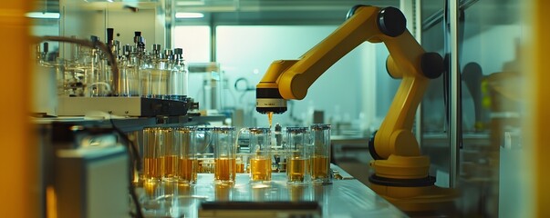 Poster - A robotic arm in a modern laboratory setting, meticulously dispensing liquids into glass containers, showcasing advanced automation in scientific research and experimentation.