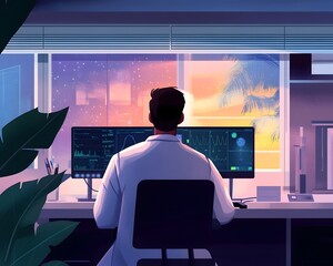 Poster - A scientist sits in a modern lab, analyzing data on multiple screens as a sunset casts a warm glow through the window, reflecting the balance of nature and technology.