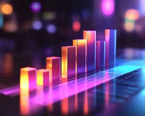 Poster - A vibrant, modern bar graph representation showcasing data trends with colorful neon lights, ideal for illustrating financial growth and technological advancements in presentations