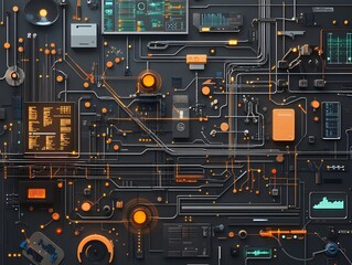 Poster - A vibrant, intricate image showcasing a modern circuit board with glowing orange and teal elements, representing advanced technology and innovation in electronic design.
