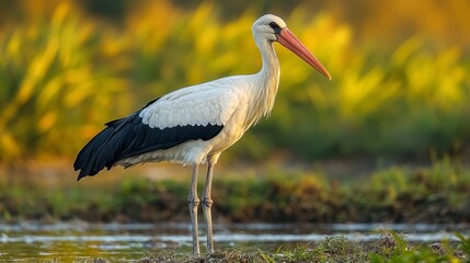 White stork standing in a wetland at sunset.