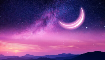 Wall Mural - pink starry night sky with crescent moon delusion cosmic landscape