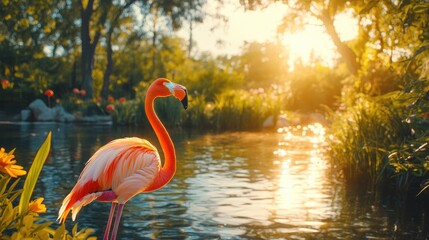 Wall Mural - A vibrant flamingo stands by a serene pond at sunset, surrounded by lush greenery.