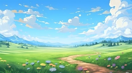 Wall Mural - Gorgeous hand-drawn illustration depicting scenic mountains and farmlands, enriched with intricate details and an anime-inspired touch.