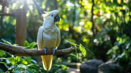 Wall Mural - A white cockatoo perched on a branch in a lush, green environment with sunlight filtering through.