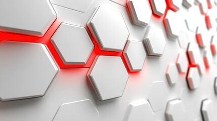 Poster - White hexagons with red highlights create a futuristic tech background. Ideal for website headers, presentations, or abstract designs.