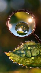 Wall Mural - A close-up of a leaf with a water droplet reflecting a landscape through a magnifying glass.