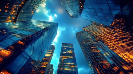 Wall Mural - Glass skyscrapers, city skyline, blue sky, evening light.