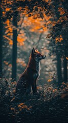 Wall Mural - A fox sits calmly in a forest, surrounded by autumn foliage and soft, diffused light.