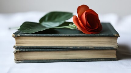 Two vintage books with aged pages and green covers lie on a white surface. A single silk orange rose rests on top. Great for book blogs or romantic literature websites.