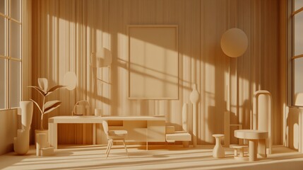 Canvas Print - Sunlit Minimalist Beige Room Interior Design Mockup