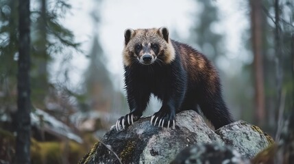 Wall Mural - A wolverine stands on a rock in a forest, showcasing its powerful build and natural habitat.