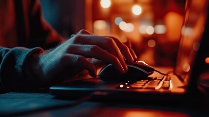 Poster - A person clicking a mouse while typing on a laptop, multitasking at work.
