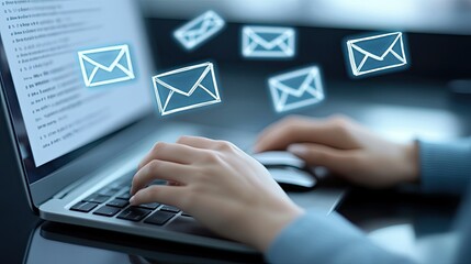 Poster - A person clicking a mouse while writing an email on a laptop.