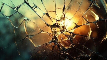 mesmerizing shattered glass window pattern with intricate web of cracks and broken fragments creating abstract art, dramatic natural light illuminating sharp edges