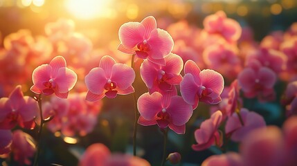 Wall Mural - Pink Orchids Blossom In Golden Sunset Light