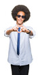 © Krakenimages.com - Young african american business man with afro hair wearing sunglasses smiling in love showing heart symbol and shape with hands. Romantic concept.