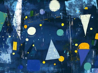 Wall Mural - Abstract Geometric Art, Blue Canvas with Shapes and Dots