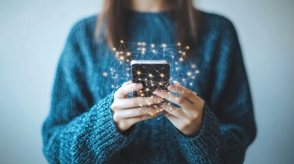 Poster - A person holds a smartphone with a network graphic overlayed. This symbolizes connection and communication in the digital age. Ideal for telecom or social media apps.
