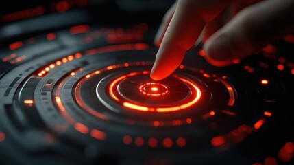 Poster - A finger activates a futuristic red glowing interface. Ideal for technology, gaming, or sci-fi projects.