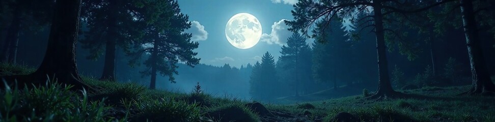 Wall Mural - Full moon casting a silver glow on a forest floor, grass, trees