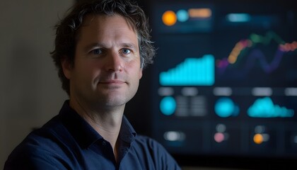 Poster - A professional man poses confidently in front of a digital screen displaying data visualizations and graphs, highlighting technology's role in modern business analytics.