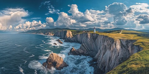 Sticker - Coastal lighthouse, dramatic cliffs, ocean waves, sunny sky.  Travel poster