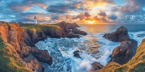 Poster - Coastal lighthouse sunset, dramatic waves crashing on rocks. Travel, nature