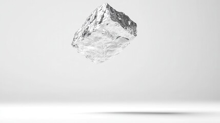 Poster - A levitating translucent ice cube casting a subtle shadow on a white surface. Ideal for refreshing drink ads or minimalist backgrounds.