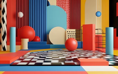 Poster - A vibrant abstract composition featuring geometric shapes and bold colors, creating a playful and visually stunning environment, perfect for creative projects and design inspiratio