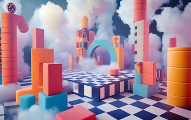 Poster - A vibrant digital landscape filled with colorful geometric shapes, cubes, and arches set amidst soft clouds, creating a playful and surreal atmosphere that inspires creativity.