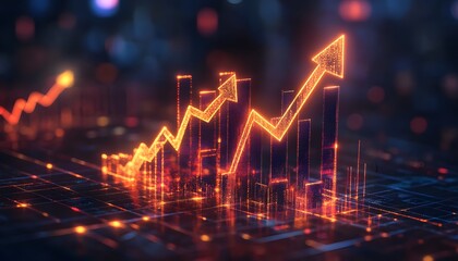 Poster - A vibrant graphic representation of rising financial trends with glowing bars and arrows, showcasing growth and positive performance in a digital landscape.
