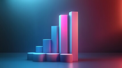Poster - An abstract representation of growth with stacked bars and coins illuminated by colorful lighting, symbolizing financial success and data analysis in a modern setting.