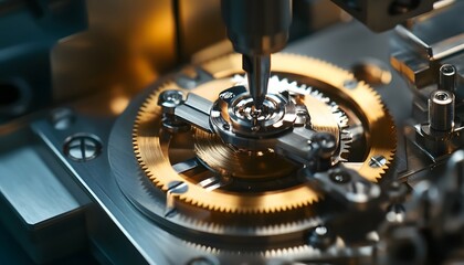 Poster - Close-up of intricate machinery highlighting gears and precision tools used in manufacturing, showcasing the complexity and craftsmanship in modern industrial processes.