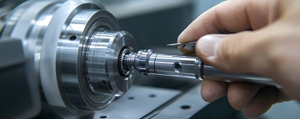 Poster - Close-up of a precision engineering process, showcasing a hand adjusting a machine component with a tool. The setting illustrates the intricate workings of modern manufacturing.