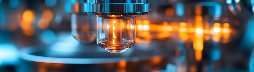 Poster - Close-up view of advanced technology components with intricate details and vibrant blue and orange lights, showcasing the fusion of science and innovation in modern devices.