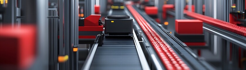 Poster - A close-up view of a modern automated conveyor system in an industrial setting, showcasing red and black elements, optimized for efficiency in manufacturing and logistics processes