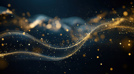 Poster - Golden particles elegantly swirl and shimmer against a deep dark background, creating an enchanting atmosphere. This dynamic motion evokes a sense of depth and wonder.