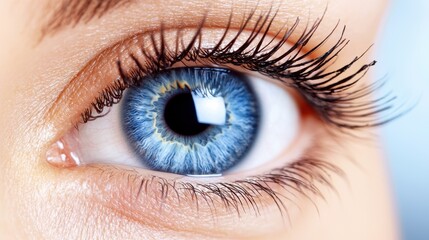  a close up of a woman's blue eye with long eyelashes