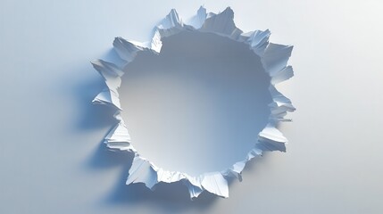 Poster - A circular hole in a white surface with jagged edges. Ideal for backgrounds, presentations, or abstract designs. Evokes themes of breakthrough or disruption.