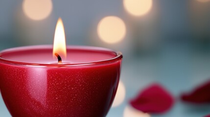 Poster - A red candle sitting on top of a table next to rose petals